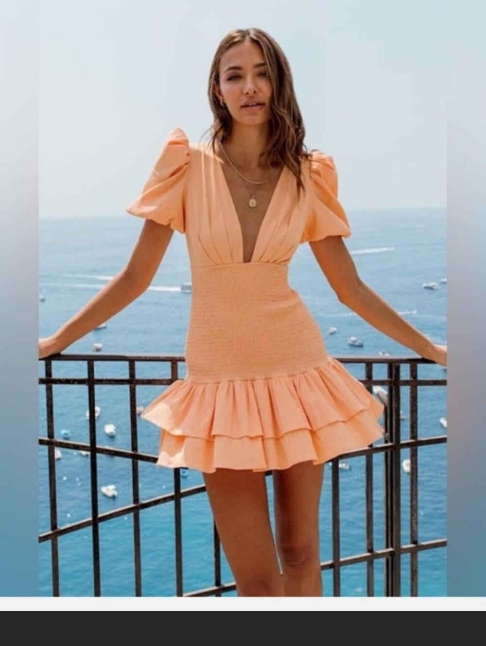 Hello Molly Peach Mini Dress with Puff Sleeves